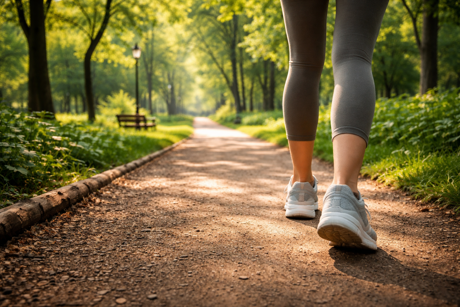 Peaceful walking path in a park with green trees, soft natural ground, comfortable walking shoes visible, wellness lifestyle